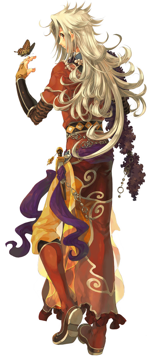 1boy, ahoge, bead_necklace, beads, bug, butterfly, feet_out_of_frame, full_body