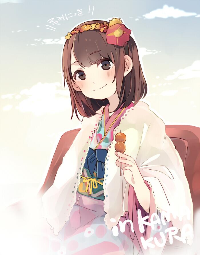 1girl, bangs, black_eyes, blush, brown_eyes, brown_hair, capelet, commentary_request