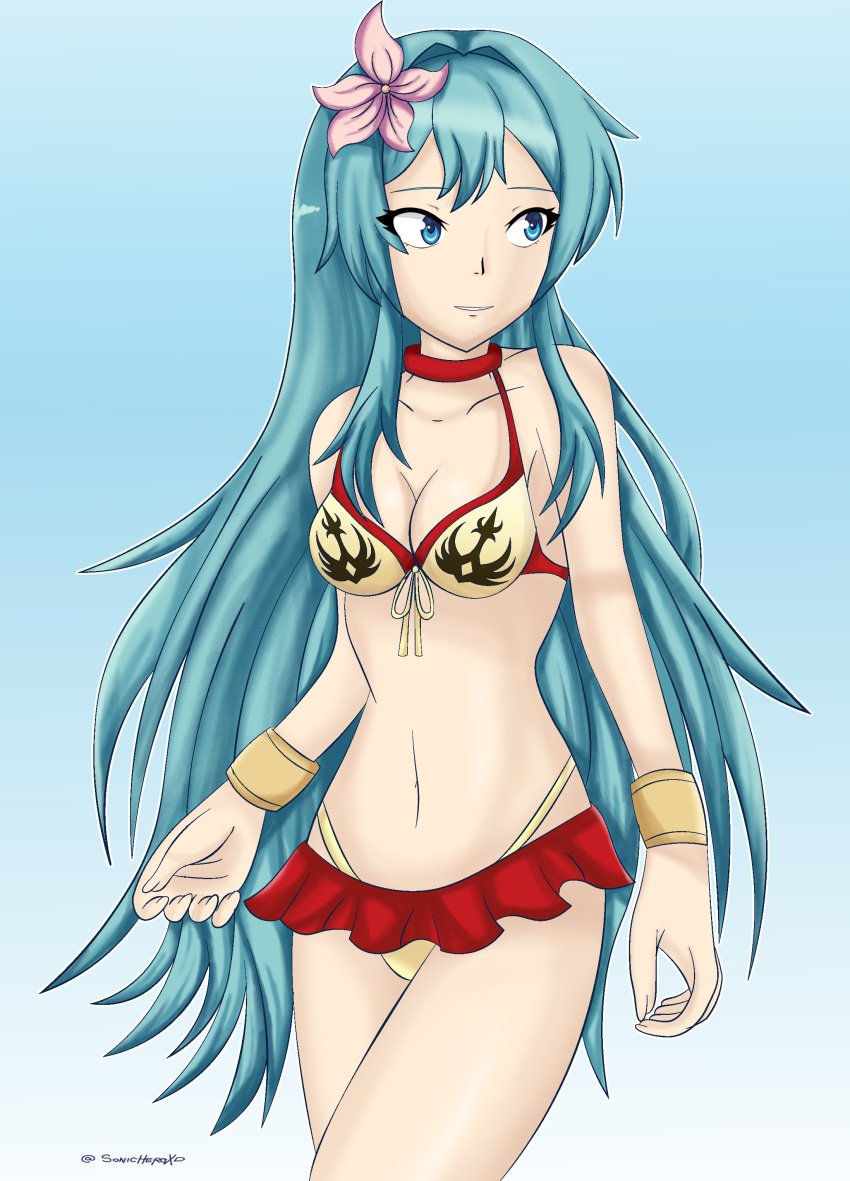 1girl, aqua_hair, artist_name, belly_button, bikini, bikini_skirt, blue_background, blue_eyes, blue_hair, cute, deviantart, eirika, fire_emblem, fire_emblem:_seima_no_kouseki, fire_emblem_heroes, flower, intelligent_systems, lips, long_hair, looking_right, nintendo, solo, sonicheroxd