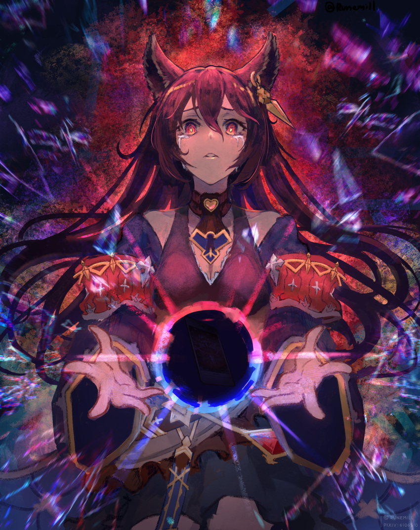 1girl, absurdres, animal_ears, black_hair, card, commentary, darkness, death_(granblue_fantasy)