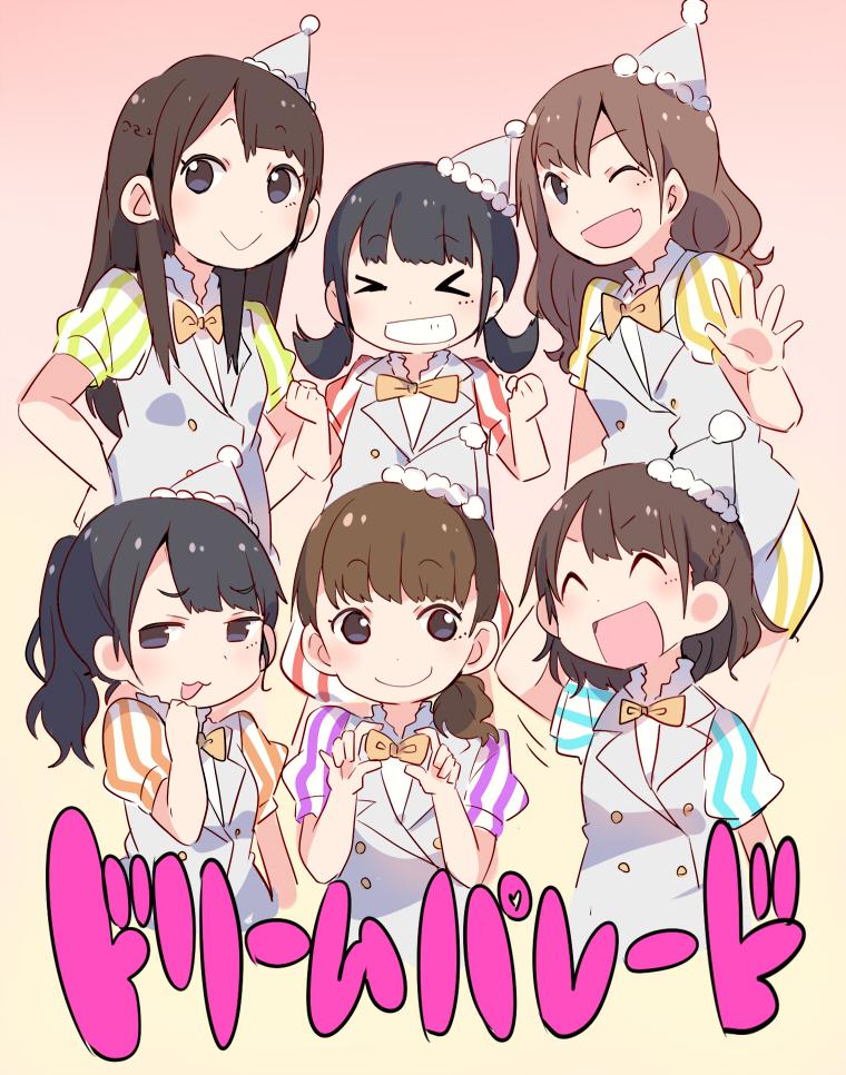 6+girls, :3, :d, ;d, ^_^, adjusting_neckwear, akaneya_himika, arm_behind_head