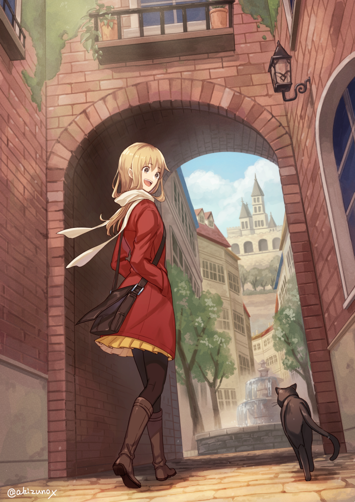 1girl, akizuno, artist_name, bag, black_legwear, blush, boots, brown_eyes, brown_footwear, brown_hair, cat, coat, day, eyebrows_visible_through_hair, handbag, hands_in_pockets, knee_boots, long_hair, looking_away, open_mouth, original, outdoors, pantyhose, red_coat, scarf, scenery, skirt, smile, solo, standing, town, twitter_username, walking, white_scarf, yellow_skirt