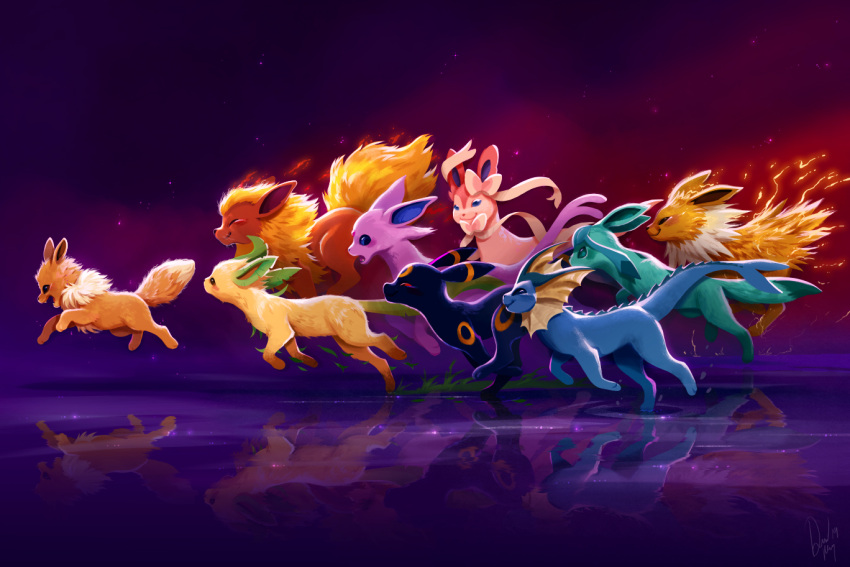 back_fin, black_eyes, blue_eyes, closed_eyes, creatures_(company), devin_elle_kurtz, eevee, eeveelutions, electricity, espeon, fangs, fins, fire, flareon, game_freak, gen_1_pokemon, gen_2_pokemon, gen_4_pokemon, gen_6_pokemon, glaceon, grass, jolteon, leaf, leafeon, nintendo, no_humans, open_mouth, pokemon, purple_background, red_eyes, reflection, running, smile, split_tail, sylveon, tail, tail_fin, umbreon, vaporeon, water