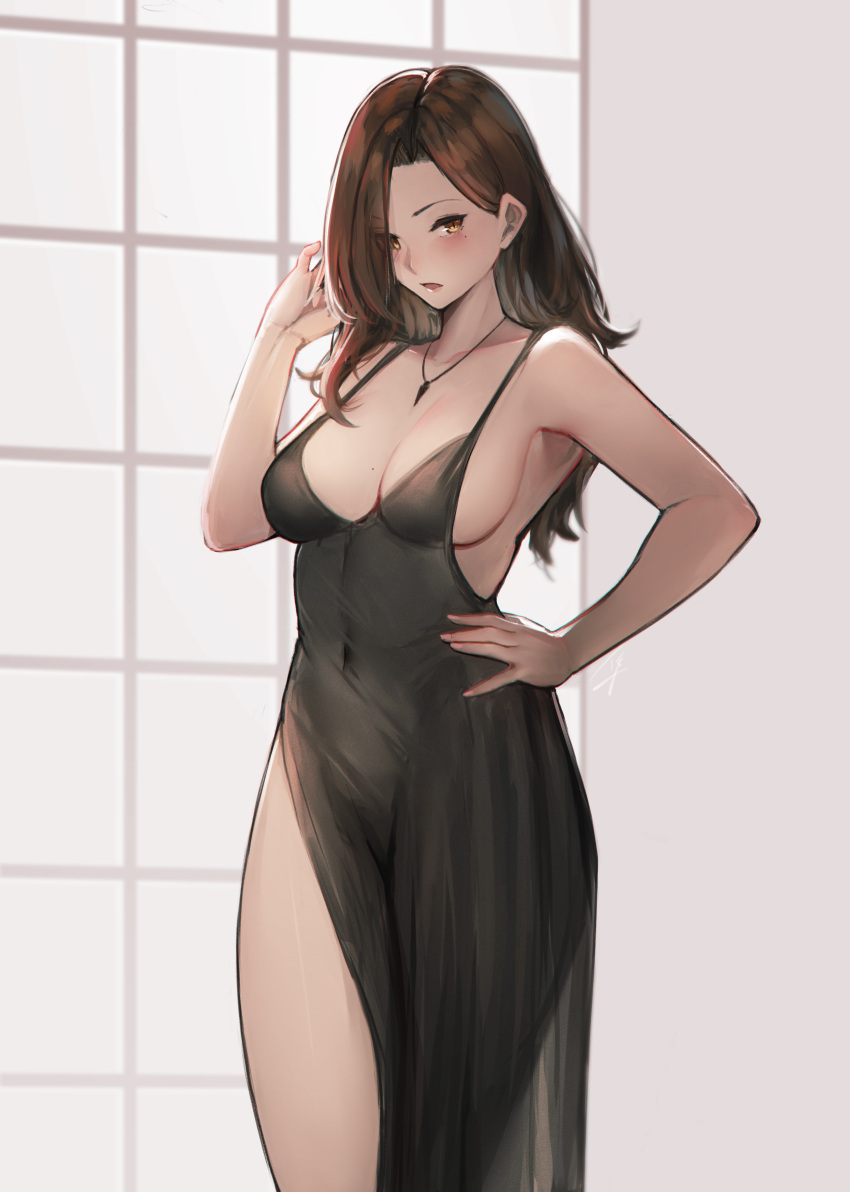 1girl, absurdres, armpits, asymmetrical_bangs, bangs, bare_arms, bare_shoulders, black_dress