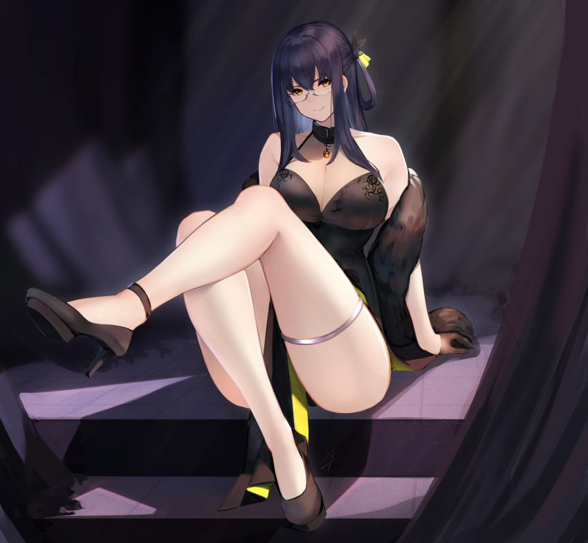1girl, absurdres, ankle_strap, arm_support, arms_at_sides, backlighting, bangs, bare_shoulders