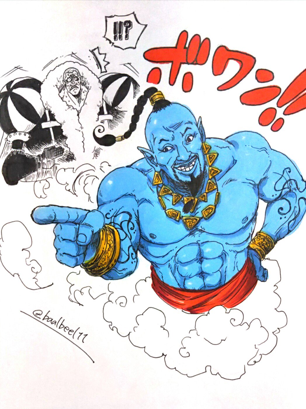 !!?, 2boys, abs, afterimage, aladdin_(disney), arm_tattoo, beard, black_hair, blue_skin, bracelet, buzz_cut, charlotte_daifuku, clenched_teeth, commentary_request, crossover, facial_hair, fur_trim, genie_(aladdin), grin, hand_on_hip, hand_up, highres, jacket, jewelry, male_focus, medium_hair, motion_lines, multiple_boys, muscle, one_piece, paruko_(baalbeel11), pointing, pointy_ears, power_connection, short_hair, shoulder_pads, smile, sound_effects, steam, surprised, sweat, sweating_profusely, tattoo, teeth, upper_body, very_short_hair, wide-eyed, will_smith