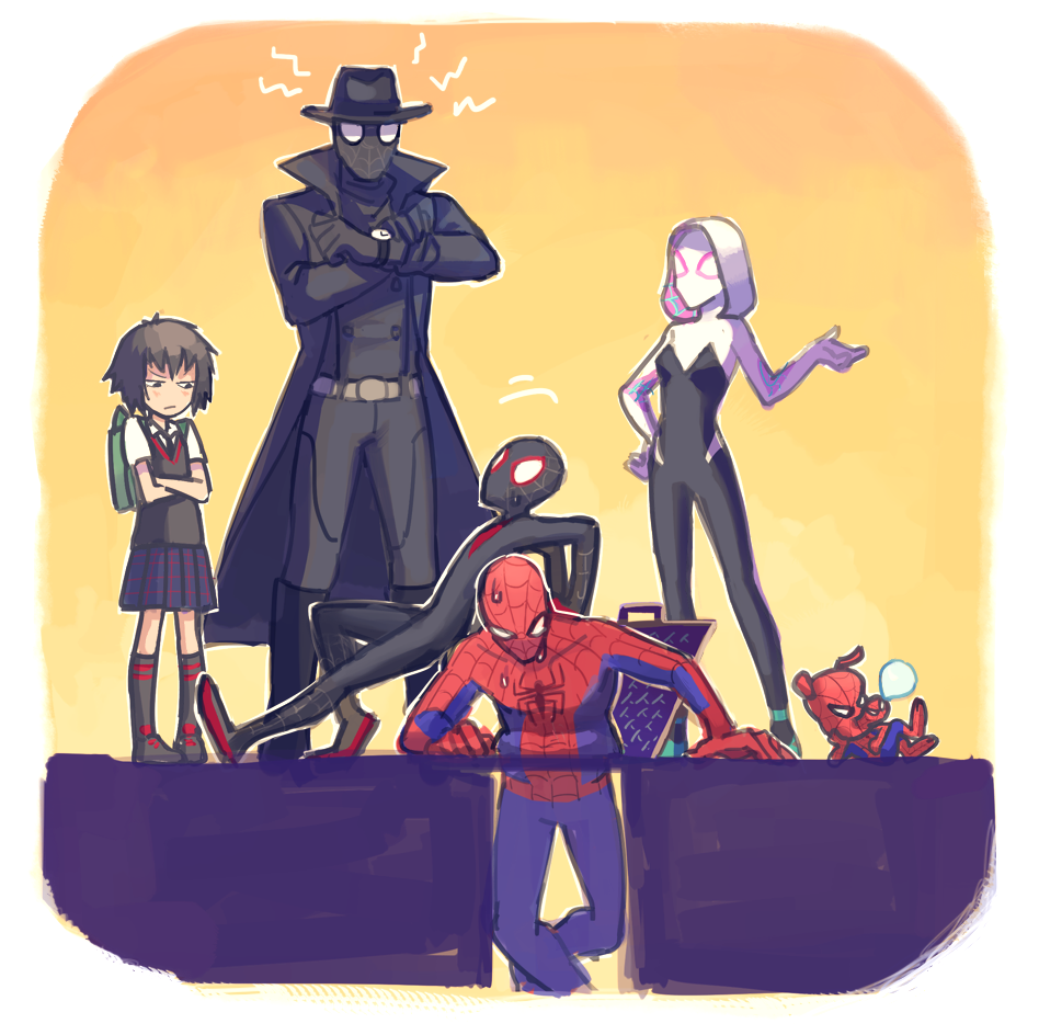 2girls, 4boys, annoyed, backpack, bag, belt, black_footwear, black_hair