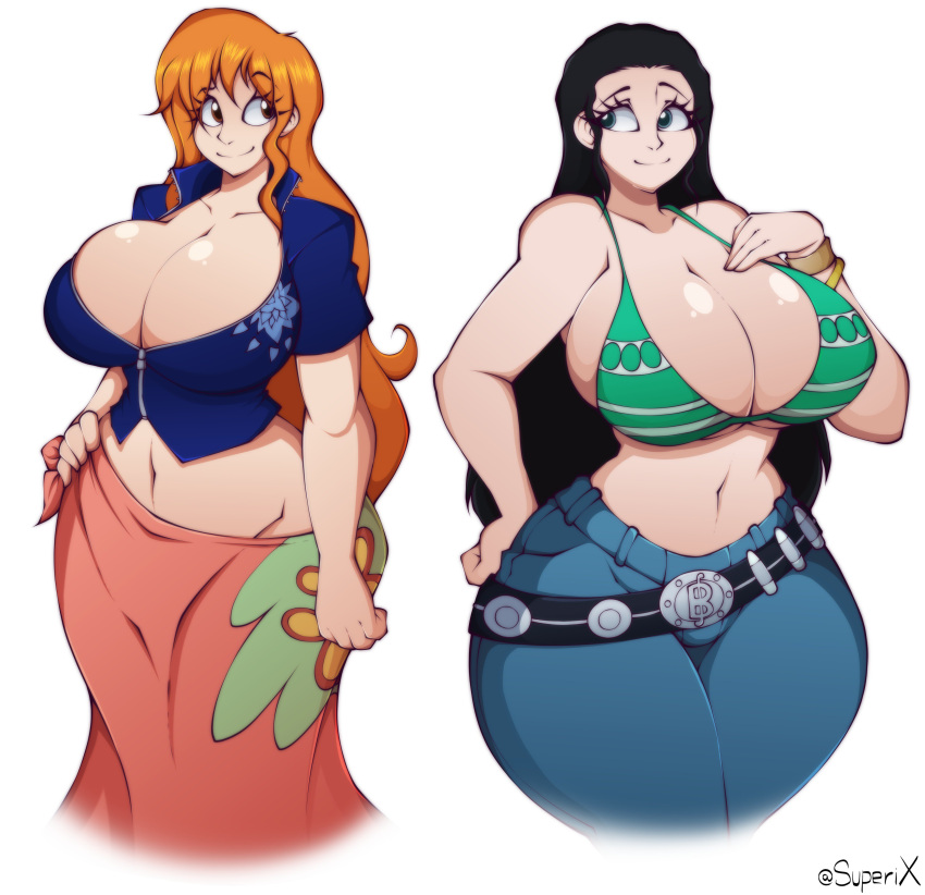 2girls, absurdres, arm_at_side, artist_name, bangs, bare_arms, bare_shoulders, belt, bikini_top, black_hair, breasts, brown_eyes, cleavage, closed_mouth, collarbone, collared_jacket, commentary, cosplay, costume_switch, cowboy_shot, crop_top, cropped_jacket, curvy, english_commentary, eyebrows_visible_through_hair, eyes_visible_through_hair, grey_eyes, groin, hand_on_hip, hand_up, high_collar, highres, hip_focus, huge_breasts, long_hair, looking_at_another, looking_to_the_side, midriff, multiple_girls, nami_(one_piece), nami_(one_piece)_(cosplay), navel, nico_robin, nico_robin_(cosplay), one_piece, orange_hair, pants, short_sleeves, sidelocks, simple_background, skindentation, smile, stomach, superix, very_long_hair, white_background, wide_hips