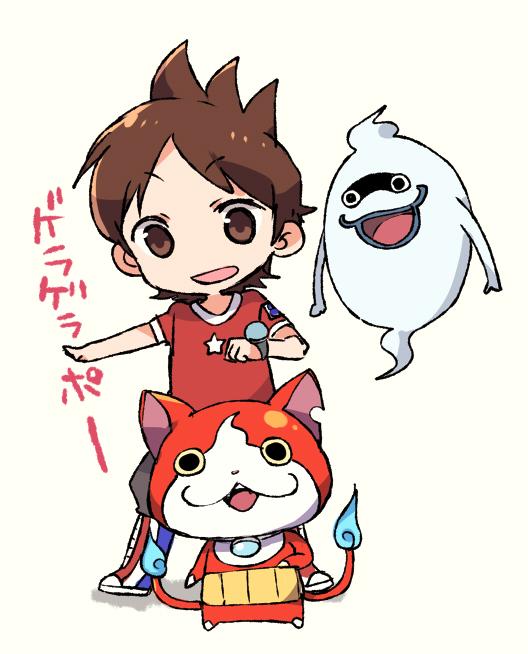 1boy, 2others, :3, :d, amano_keita, animal, boots, brown_eyes