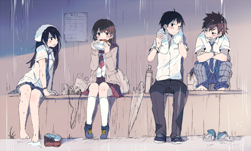 2boys, 2girls, bag, bangs, barefoot, black_hair, black_pants, blue_footwear