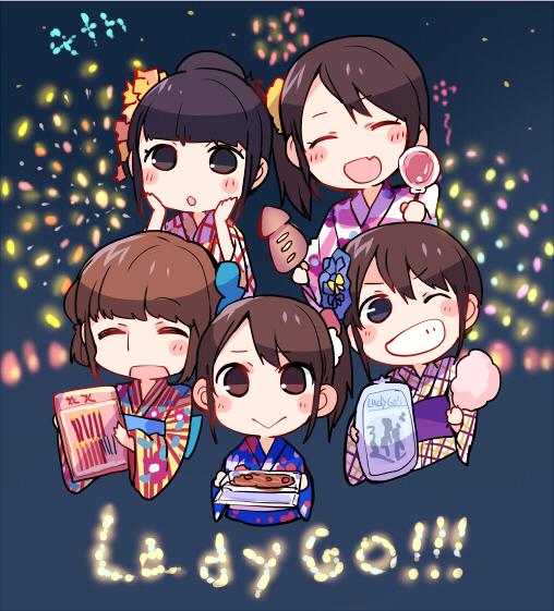 5girls, :>, ^_^, bangs, black_hair, blue_kimono, blush_stickers, brown_hair