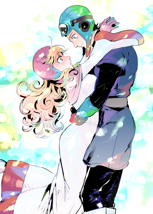 1boy, 1girl, blonde_hair, blush, breasts, closed_mouth, commentary_request, curly_hair