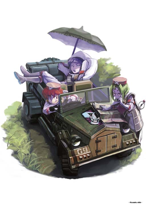 3girls, armor, brown_hair, cape, commentary_request, grandia, grandia_i, green_hair, kousaku, long_hair, mio_(grandia), multiple_girls, nana_(grandia), purple_hair, saki_(grandia), sword, umbrella, vehicle, weapon