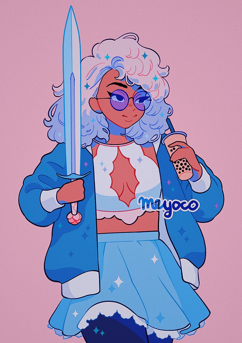 1girl, artist_name, blue_jacket, blue_skirt, breasts, breasts_apart, bubble_tea, cowboy_shot, cup, dark_skin, drinking_straw, glasses, gloves, holding, holding_cup, holding_sword, holding_weapon, jacket, long_sleeves, medium_hair, meyoco, midriff, open_clothes, open_jacket, original, pink_background, pink_gloves, round_eyewear, simple_background, skirt, smile, solo, sparkle, sword, weapon
