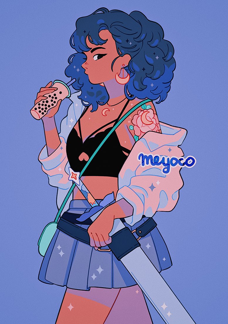 1girl, artist_name, bag, bangs, belt, black_eyes, black_hair, bubble_tea, cowboy_shot, crescent, crescent_earrings, cup, dark_skin, earrings, flower, grey_skirt, holding, holding_cup, jewelry, looking_at_viewer, medium_hair, meyoco, necklace, off_shoulder, original, pink_flower, pleated_skirt, profile, purple_background, sheath, sheathed, shoulder_bag, simple_background, skirt, solo, sparkle, sword, tattoo, weapon