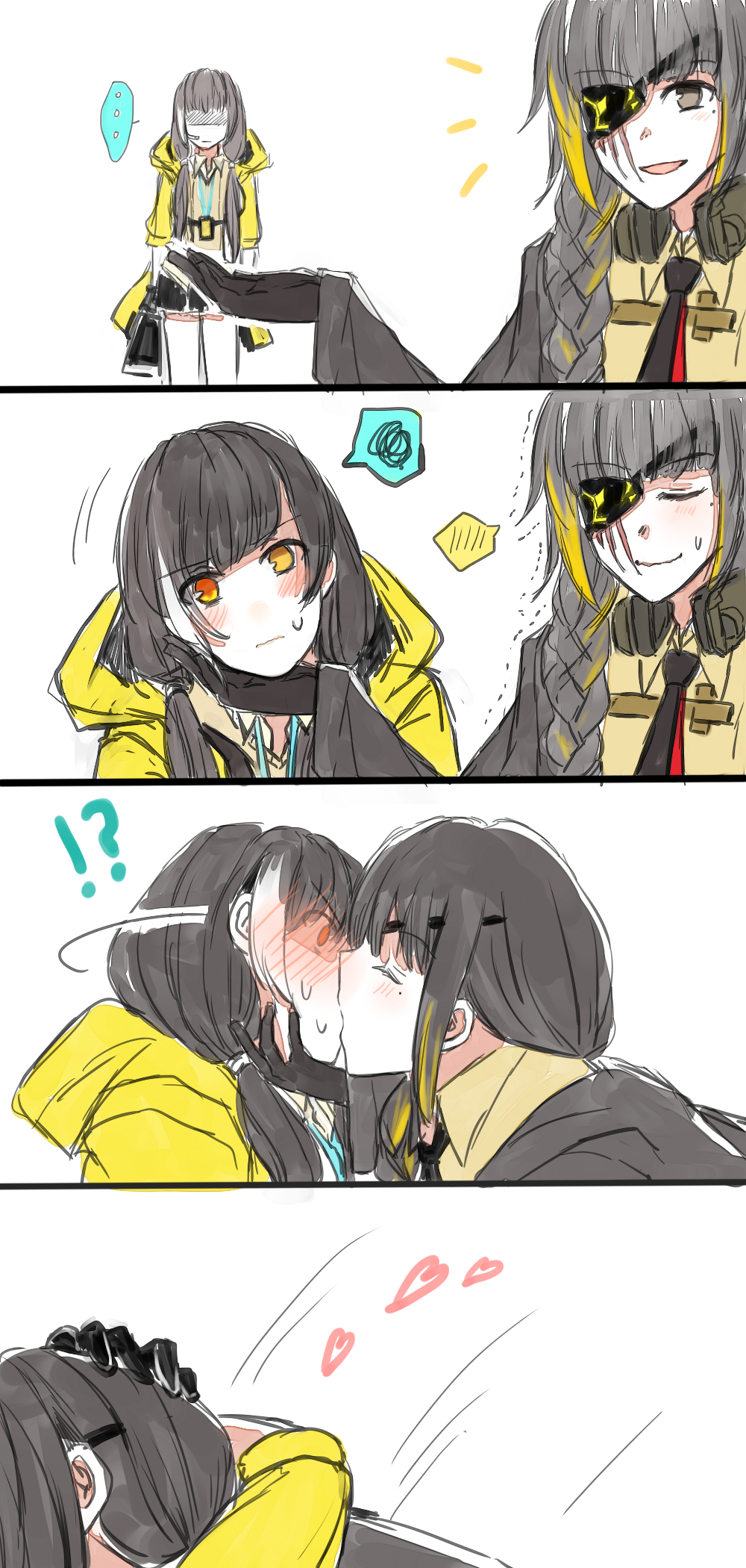 2girls, black_hair, blush, eyebrows_visible_through_hair, eyepatch, eyes_visible_through_hair, girls_frontline, grey_eyes