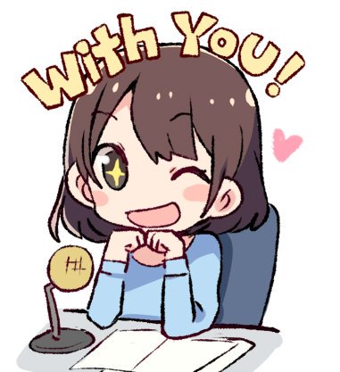 +_+, 1girl, ;d, bangs, blue_shirt, blush_stickers, brown_hair, clenched_hands
