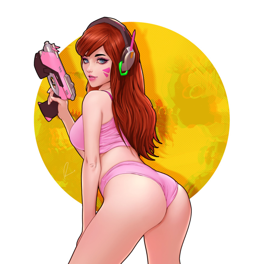 ass, blue_eyes, breasts, brown_hair, crop_top, d.va_(overwatch), fei_teng, gun