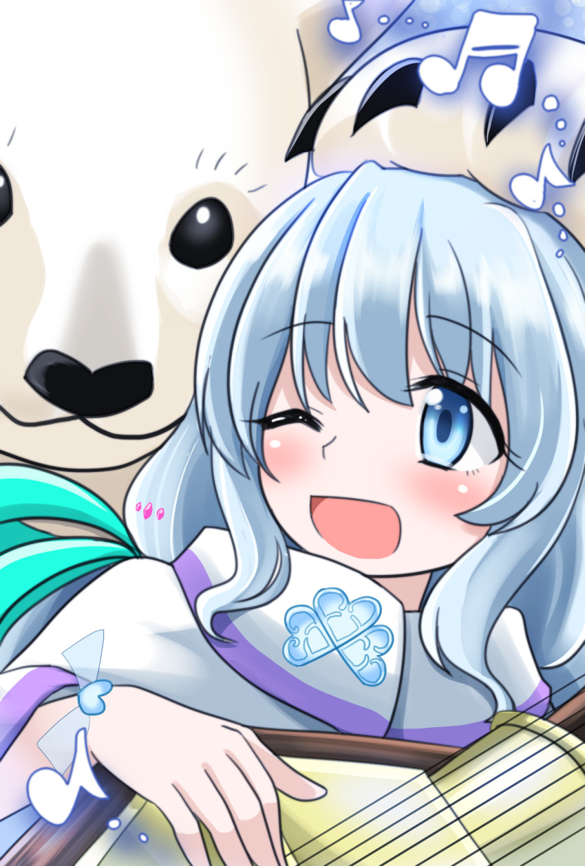 1girl, bear, blue_eyes, blue_hair, blush, eyebrows_visible_through_hair, flower, highres