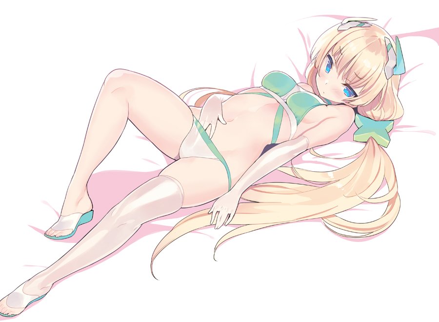 1girl, angela_balzac, bangs, bare_shoulders, bed_sheet, bikini, blade_(galaxist), blonde_hair, blue_eyes, blush, breasts, closed_mouth, commentary_request, elbow_gloves, eyebrows_visible_through_hair, gloves, green_bikini_top, green_footwear, hair_between_eyes, hair_ornament, hand_in_bikini, headgear, long_hair, looking_at_viewer, low_twintails, lying, medium_breasts, mismatched_bikini, navel, on_back, rakuen_tsuihou, sandals, single_thighhigh, skindentation, solo, star, star_hair_ornament, swimsuit, thigh-highs, twintails, very_long_hair, white_bikini_bottom, white_gloves, white_legwear