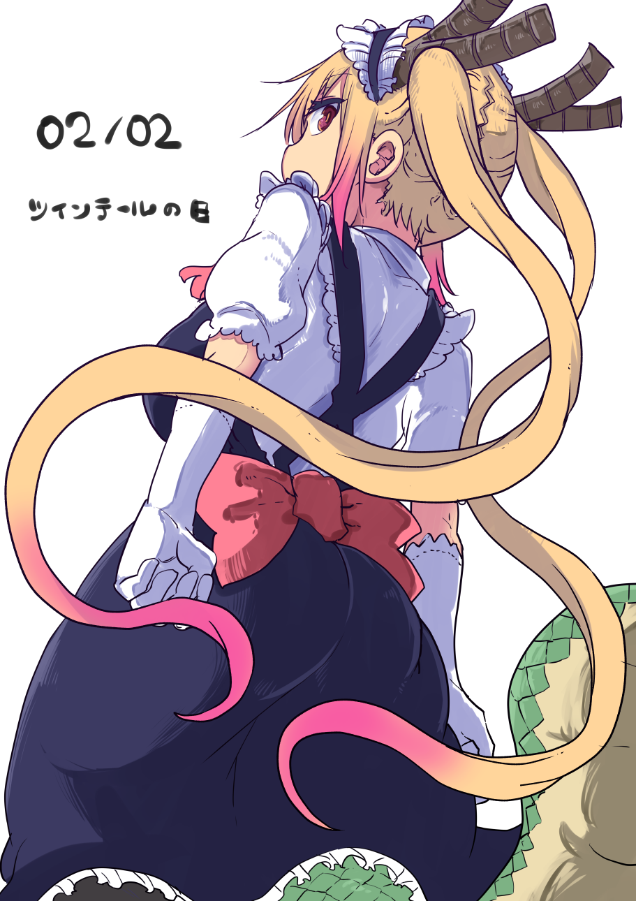 1girl, arms_at_sides, back, back_bow, bangs, bow, breasts, brown_horns
