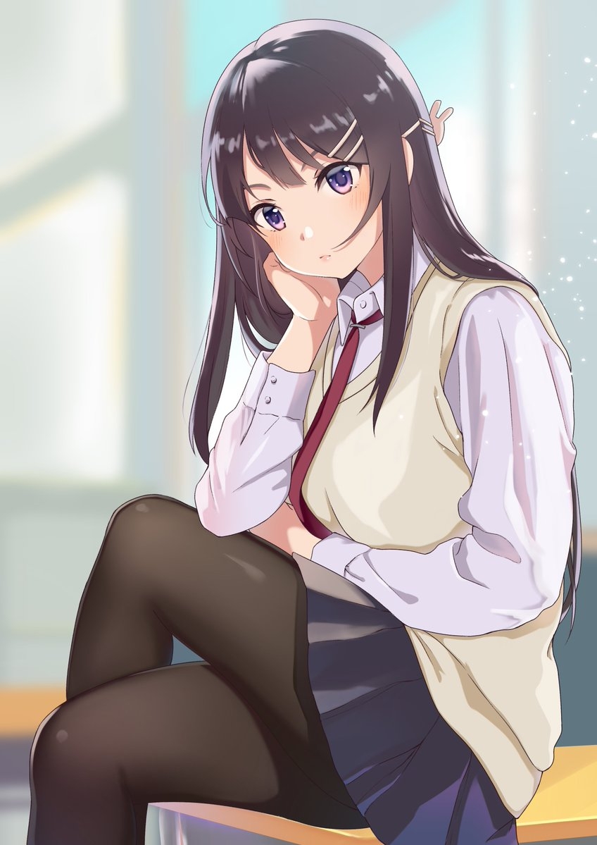 1girl, aobategolove, black_hair, blue_skirt, bunny_hair_ornament, chin_rest, desk, dress_shirt, hair_ornament, legs_crossed, long_hair, necktie, on_desk, pantyhose, pleated_skirt, sakurajima_mai, school_uniform, seishun_buta_yarou, shirt, sitting, sitting_on_desk, skirt, solo, vest, violet_eyes, yellow_vest