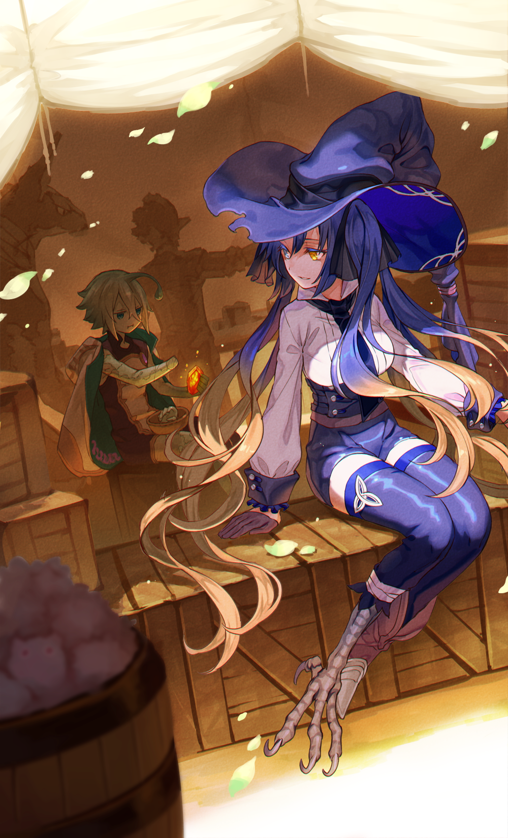 2boys, 2girls, antennae, barrel, black_gloves, blonde_hair, blue_hair, blue_headwear
