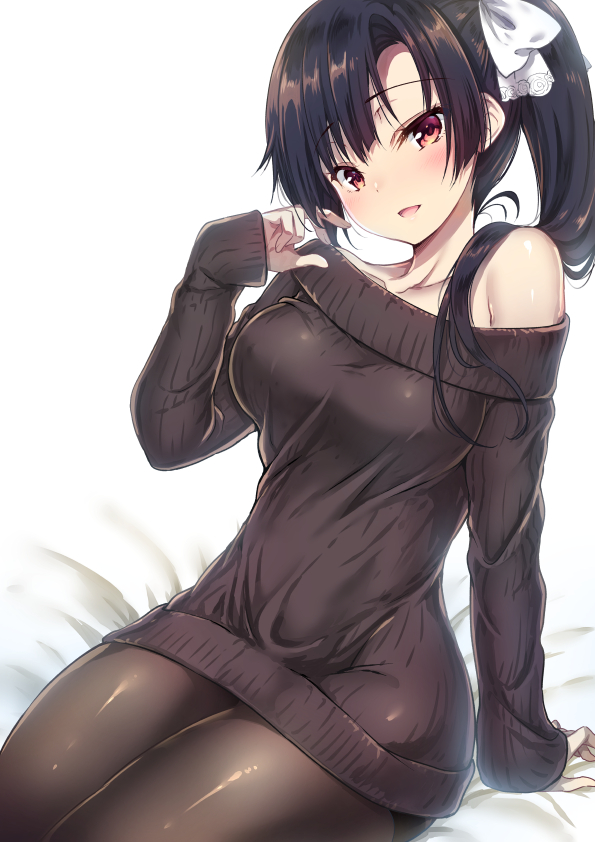 1girl, arm_support, bangs, black_hair, blush, bow, breasts, brown_eyes