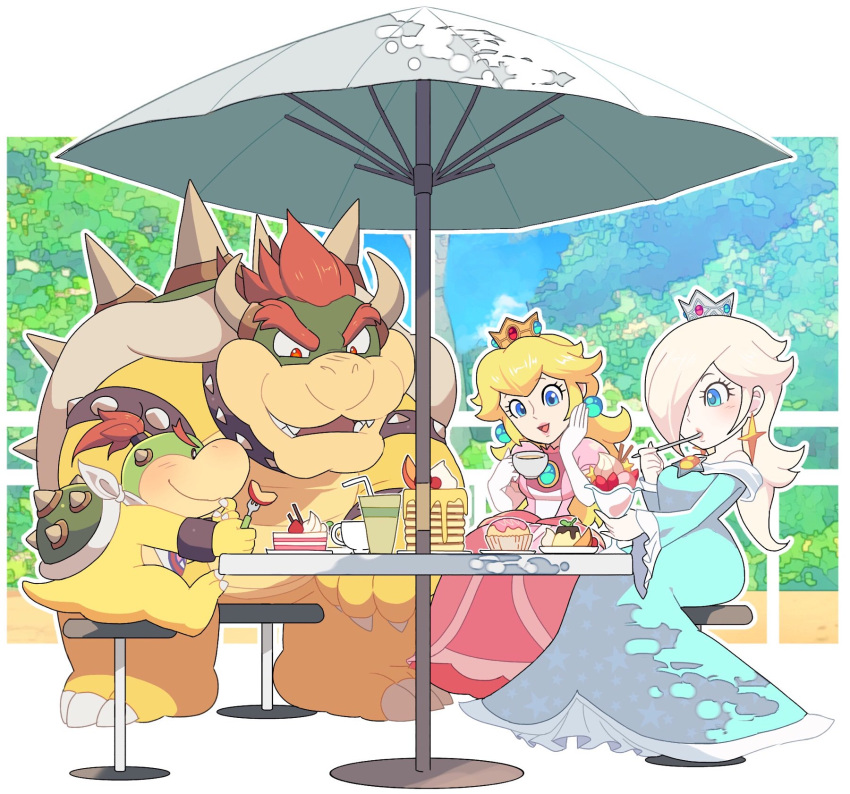 bare_shoulders, blonde_hair, blue_eyes, blush, bowser, chiko_(mario), crown, dress
