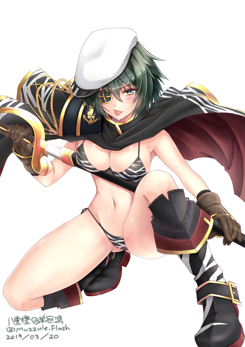 1girl, absurdres, animal_print, artist_name, bikini, black_bikini, boots, breasts, brown_gloves, cape, cleavage, commentary_request, cutlass, dated, eyepatch, gloves, green_eyes, green_hair, hat, highres, kantai_collection, kiso_(kantai_collection), medium_breasts, muzzuleflash, navel, pauldrons, remodel_(kantai_collection), sailor_hat, school_uniform, serafuku, short_hair, side-tie_bikini, simple_background, solo, squatting, swimsuit, tiger_print, tongue, tongue_out, twitter_username, white_background, white_headwear