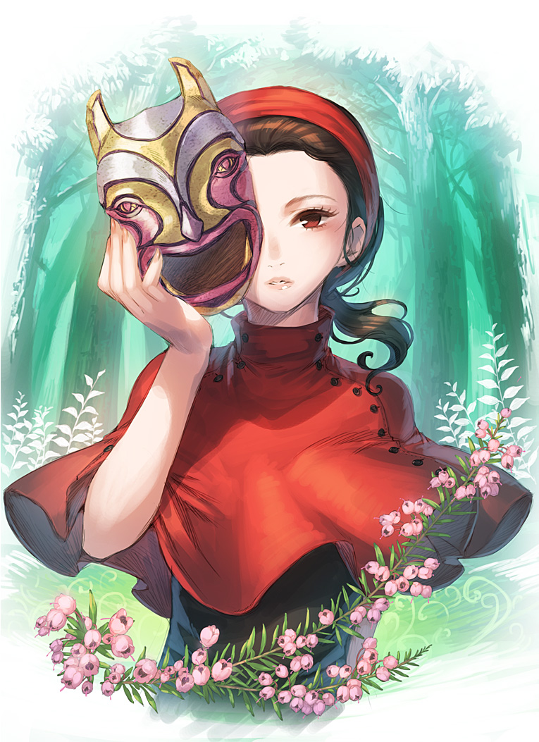 1girl, asano_shiki, breasts, brown_hair, flower, holding, holding_mask, long_hair