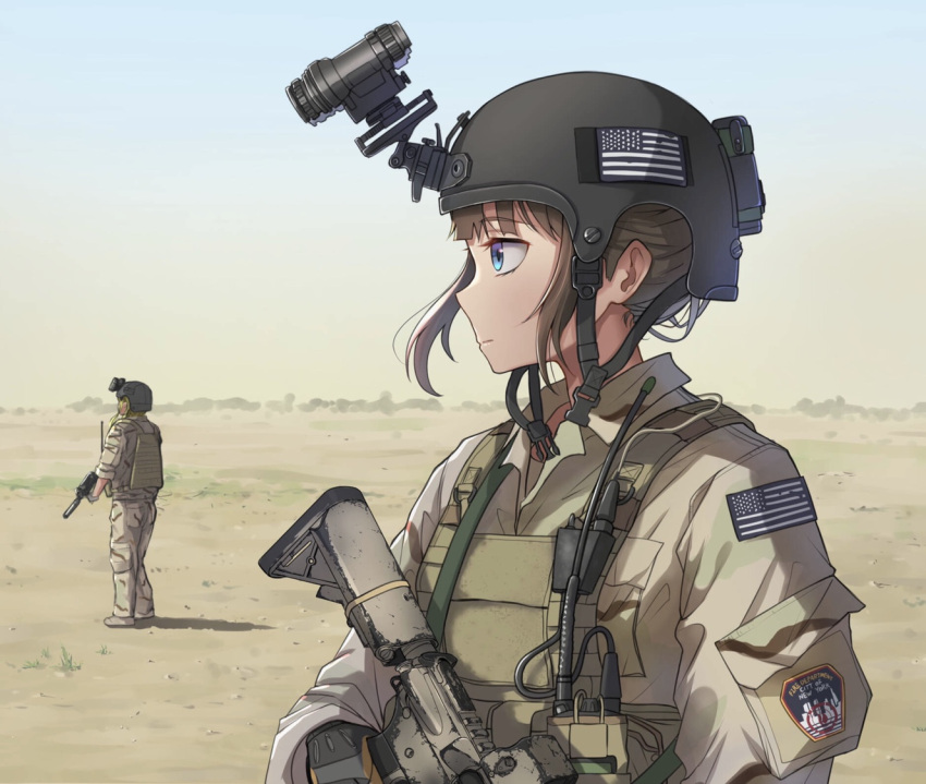 2girls, american_flag, assault_rifle, blue_eyes, gun, helmet, holding, holding_weapon