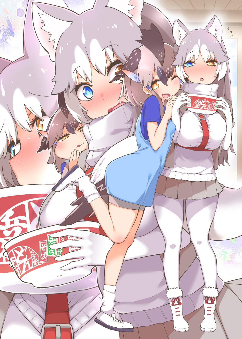 2girls, :3, ;d, alternate_hair_length, alternate_hairstyle, animal_ear_fluff, animal_ears, belt