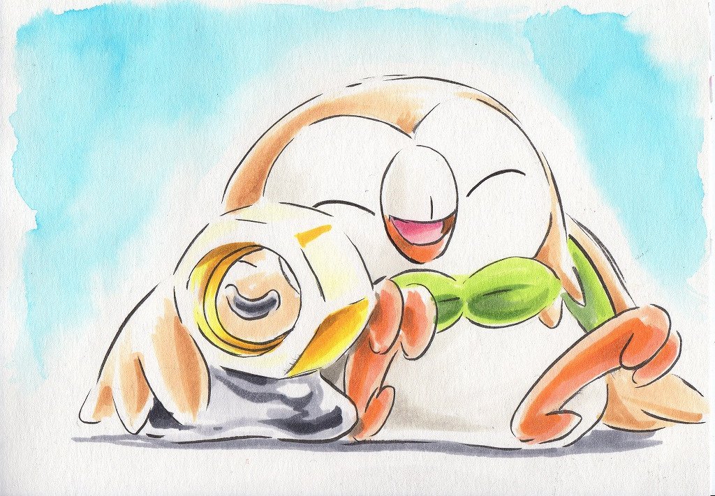 creatures_(company), game_freak, gen_7_pokemon, iwaane, iwane_masaaki, meltan, nintendo, no_humans, pokemon, pokemon_(anime), pokemon_sm_(anime), rowlet, sleeping