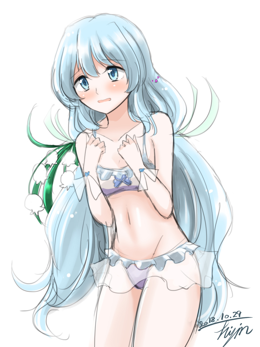 1girl, absurdres, bikini, blue_eyes, blue_hair, blush, breasts, eyebrows_visible_through_hair, highres, hisin, long_hair, nanakoori_(xenoblade), nervous, nintendo, one_eye_closed, pose, shirt, shy, small_breasts, solo, swimsuit, very_long_hair, white_background, white_shirt, xenoblade_(series), xenoblade_2