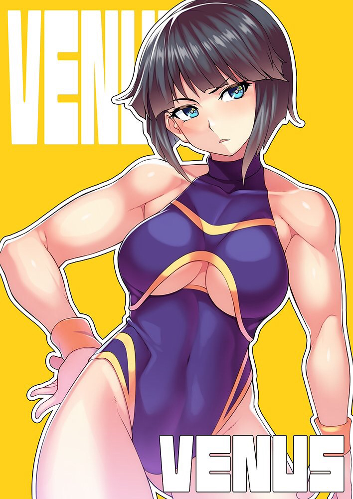 1girl, bare_shoulders, black_hair, blue_eyes, blush, bob_cut, breasts, cleavage
