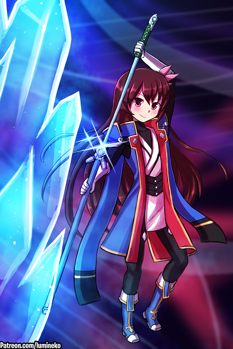 1girl, black_pants, blazblue, blue_footwear, blush, brown_hair, commentary, cosplay