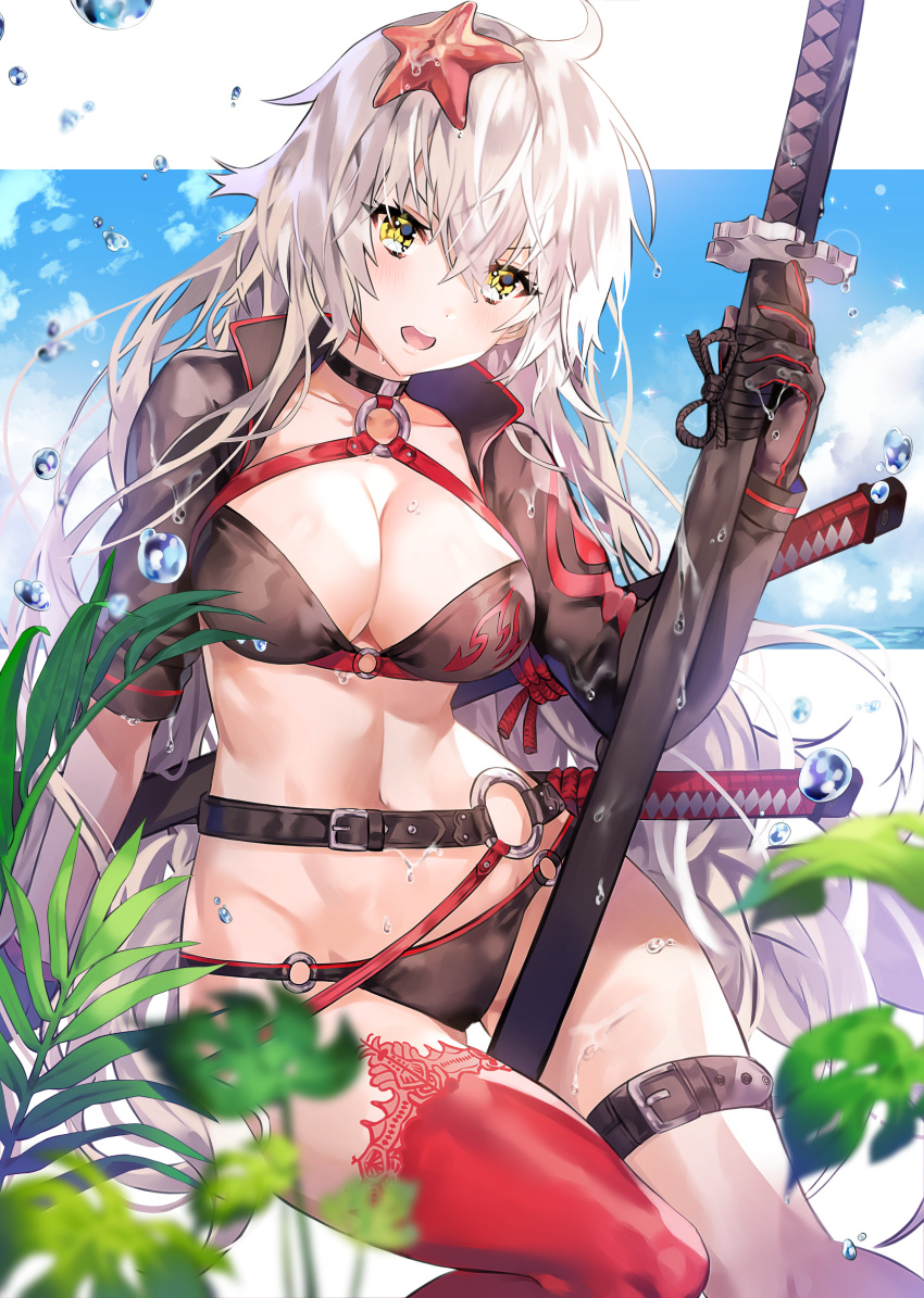 1girl, absurdres, ahoge, bangs, belt, bikini, black_bikini, black_gloves