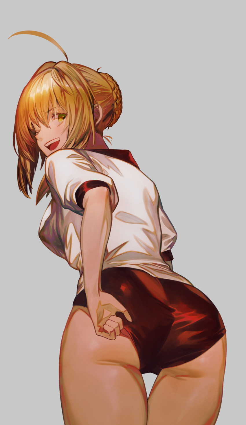 1girl, ahoge, arm_behind_back, ass, blonde_hair, braid, breasts, eyebrows_visible_through_hair