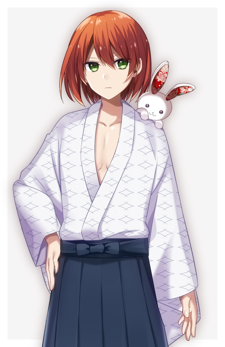 1girl, androgynous, blue_hakama, breasts, brown_hair, cleavage, cowboy_shot, green_eyes