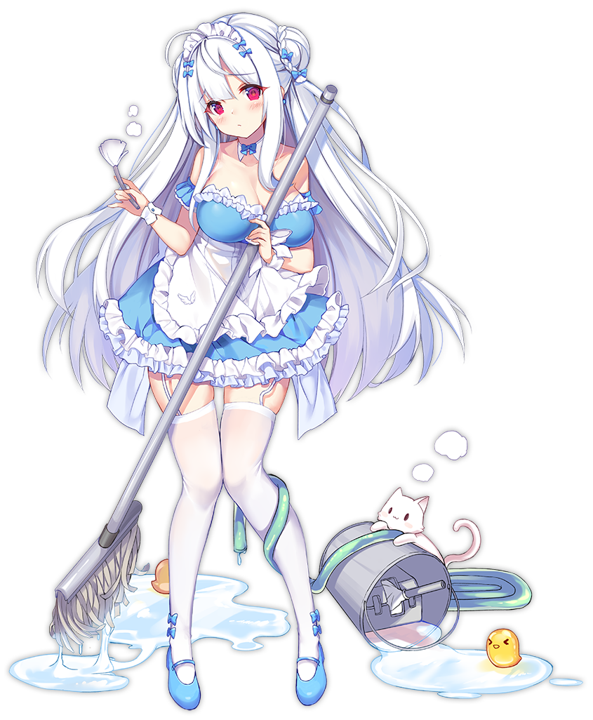 1girl, apron, azur_lane, blush, breasts, bucket, cat, cleavage