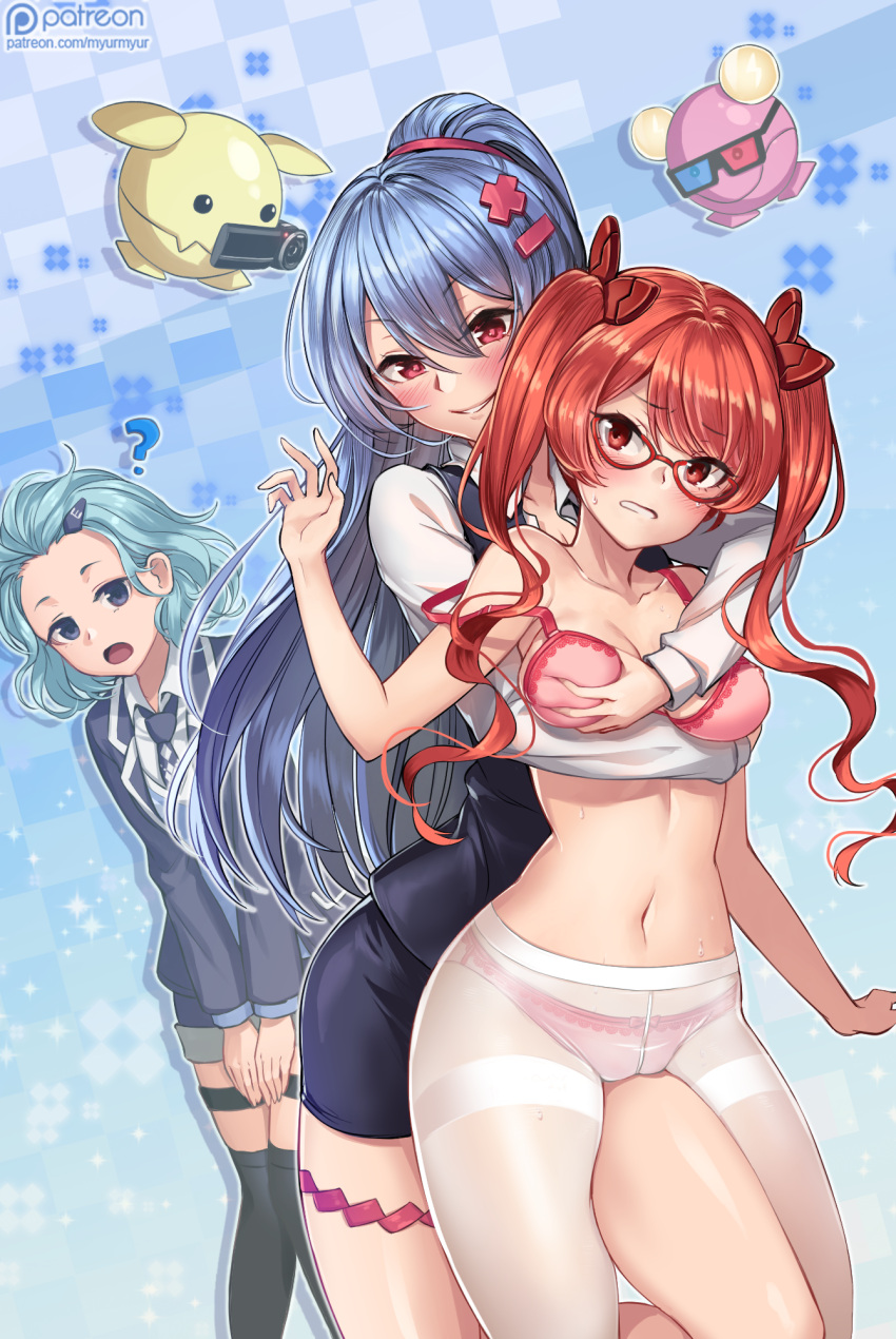 3girls, ?, black_jacket, black_legwear, black_skirt, blue_background, blue_eyes, blue_hair
