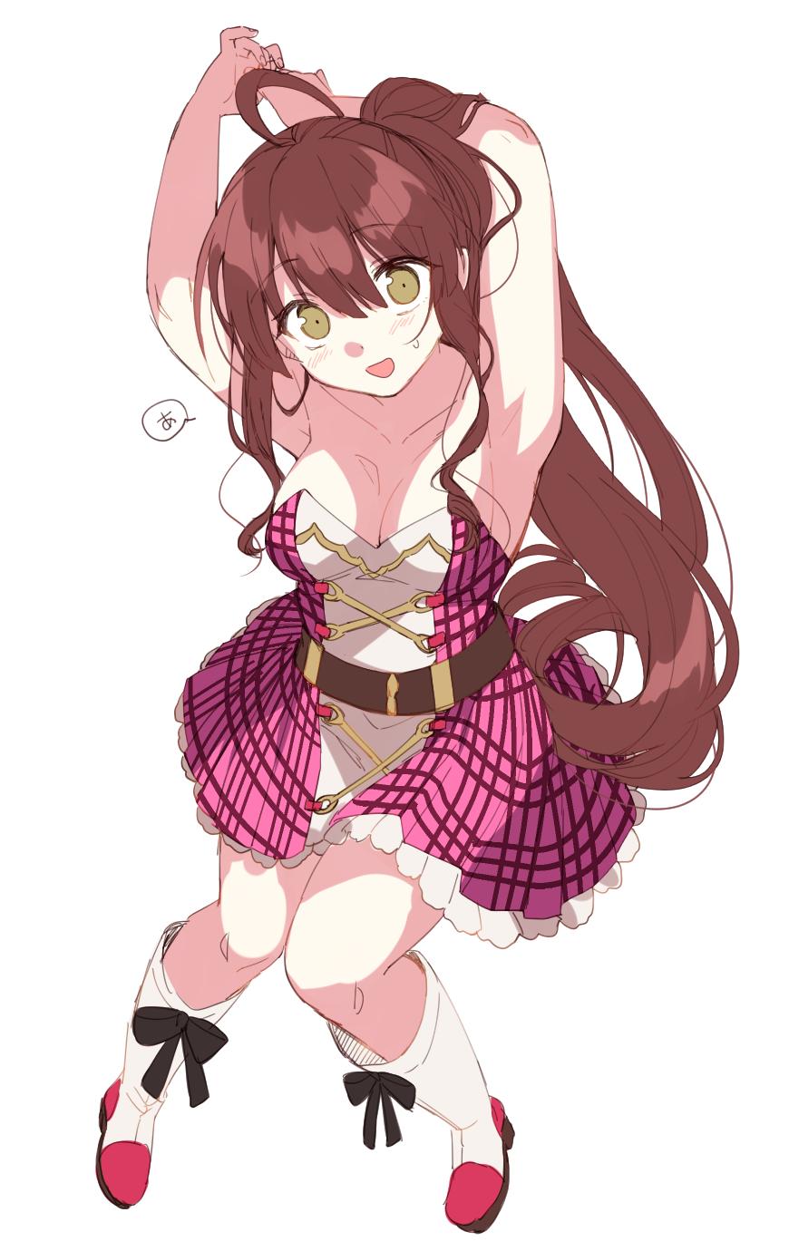1girl, 1o_(ichio), ahoge, arms_up, belt, blush, boots, breasts