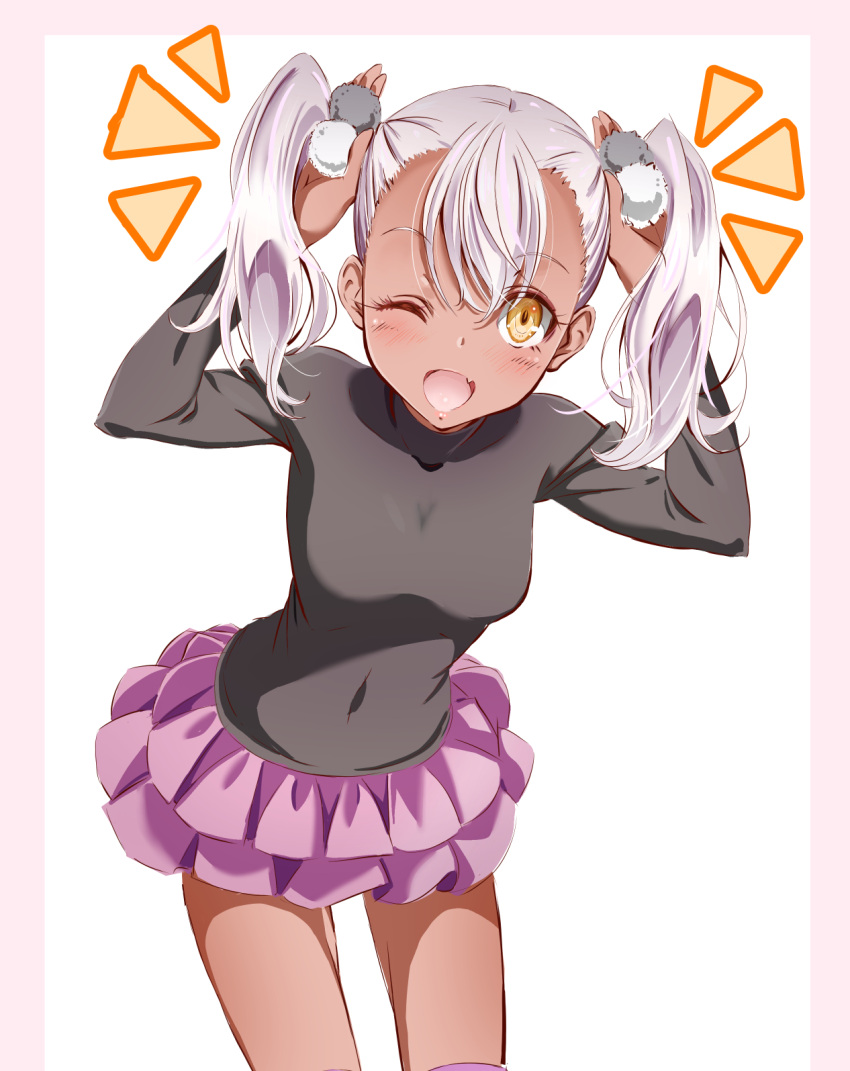 1girl, ;d, black_shirt, breasts, chloe_von_einzbern, covered_navel, dark_skin, fang