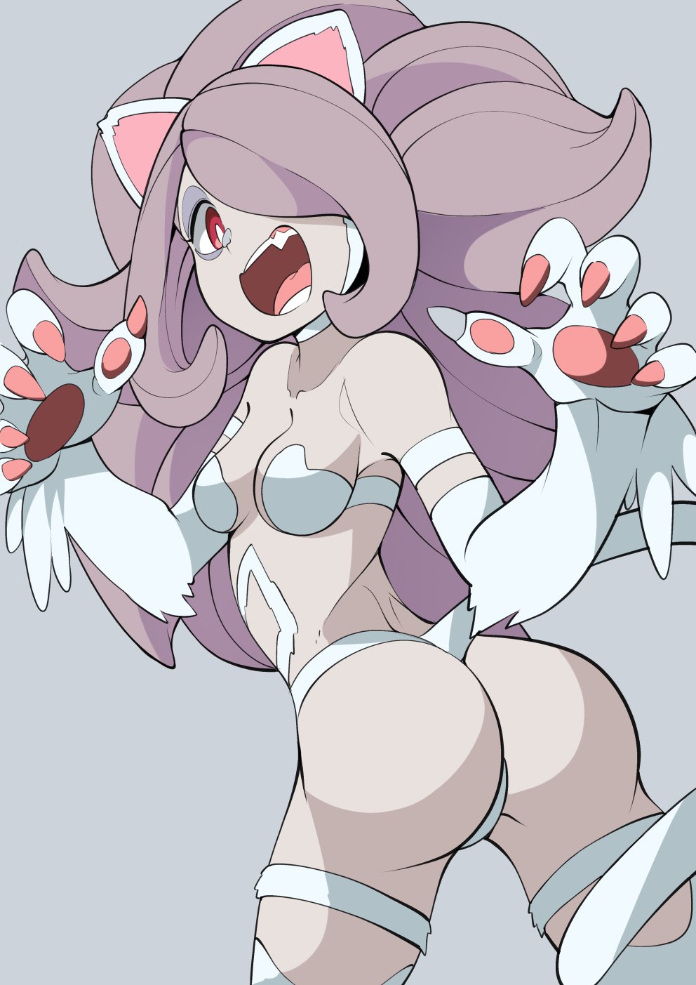 1girl, animal_ears, ass, bare_shoulders, big_hair, breasts, cat_ears, cat_paws
