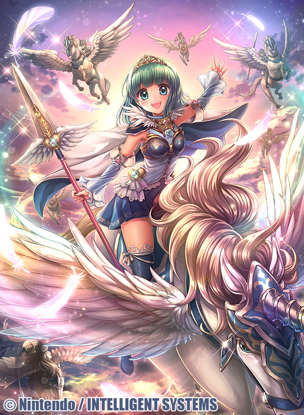 1girl, blue_eyes, blue_hair, blush, boots, cape, celdia, clouds, faceless, faceless_female, feathered_wings, feathers, fire_emblem:_hasha_no_tsurugi, fire_emblem_cipher, fumi_(butakotai), helmet, official_art, open_mouth, pegasus, pegasus_knight, polearm, sparkle, spear, teeth, thigh-highs, tiara, weapon, wings