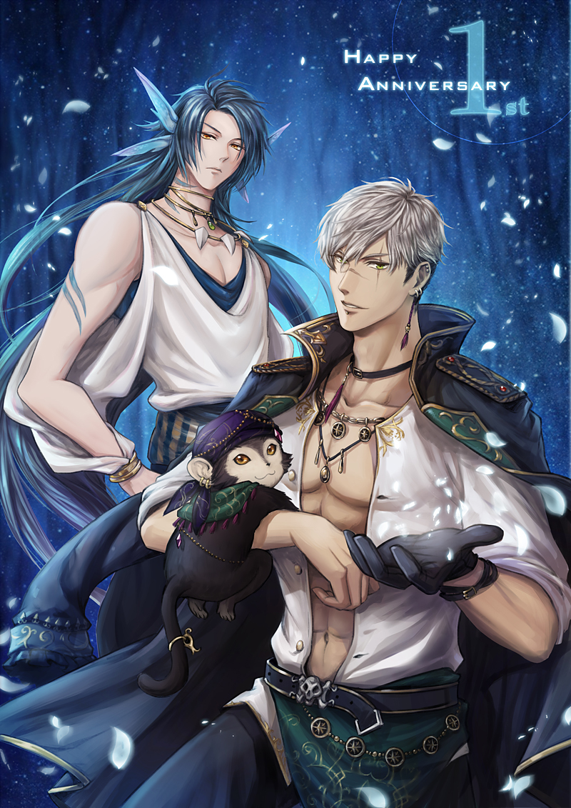 2boys, abs, anniversary, bishounen, black_gloves, blue_background, blue_hair, chiean, ear_piercing, earrings, gloves, jewelry, long_hair, male_focus, monkey, multiple_boys, muscle, navel, necklace, piercing, scar, scar_across_eye, single_glove, standing, very_long_hair, yume_oukoku_to_nemureru_100-nin_no_ouji-sama