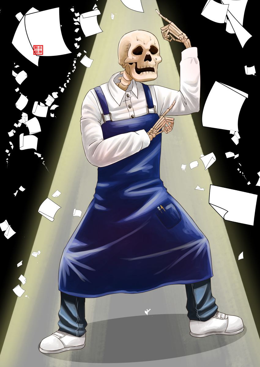 absurdres, apocalipsejack, apron, black_background, black_pants, commission, full_body, gaikotsu_shotenin_honda-san