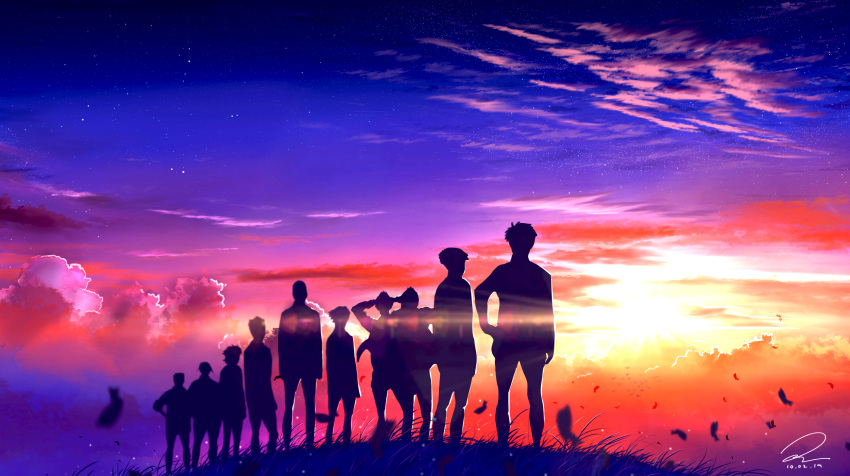 6+boys, akahiro_hirata, arms_behind_head, clouds, dated, evening, facing_away, grass