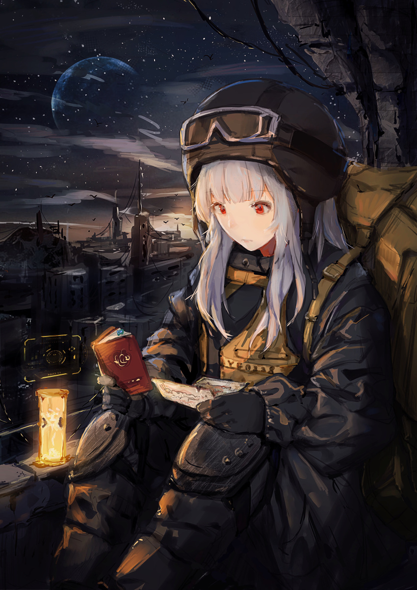 1girl, absurdres, aviator_cap, black_gloves, black_jacket, black_legwear, book, city